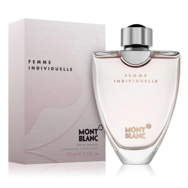 A glass perfume bottle of Mont Blanc Individuelle Femme Eau de Toilette, containing 75 milliliters.