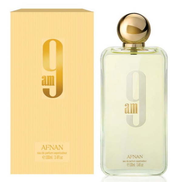 A glass perfume bottle of Afnan 9 AM, 100ml, with a silver cap and a clear liquid.